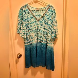 4X 30/32 Turquoise small pleats Blouse.  Flared Hem & sleeve 32"hem Short sleeve
